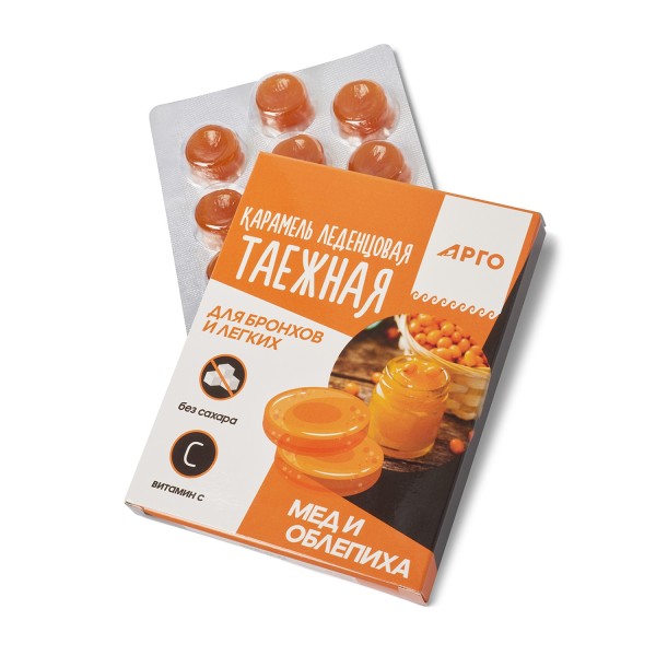 Карамель Таежная для бронхов и легких, мед и облепиха, леденцы в упаковке