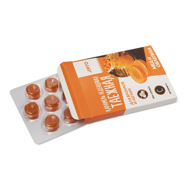 Карамель Таежная для бронхов и легких, мед и облепиха, леденцы в упаковке